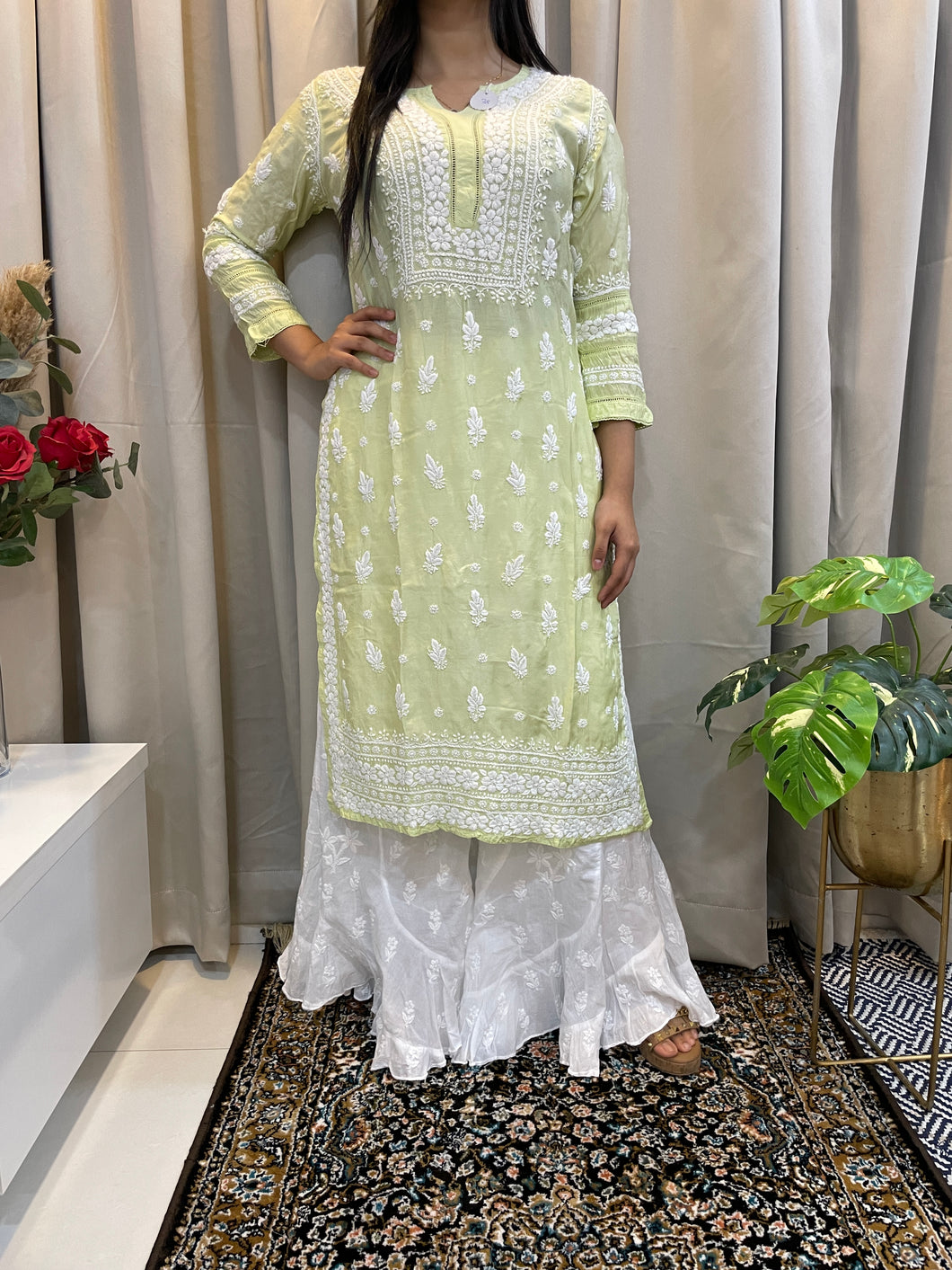 Muslin Chikankari kurta - lime green