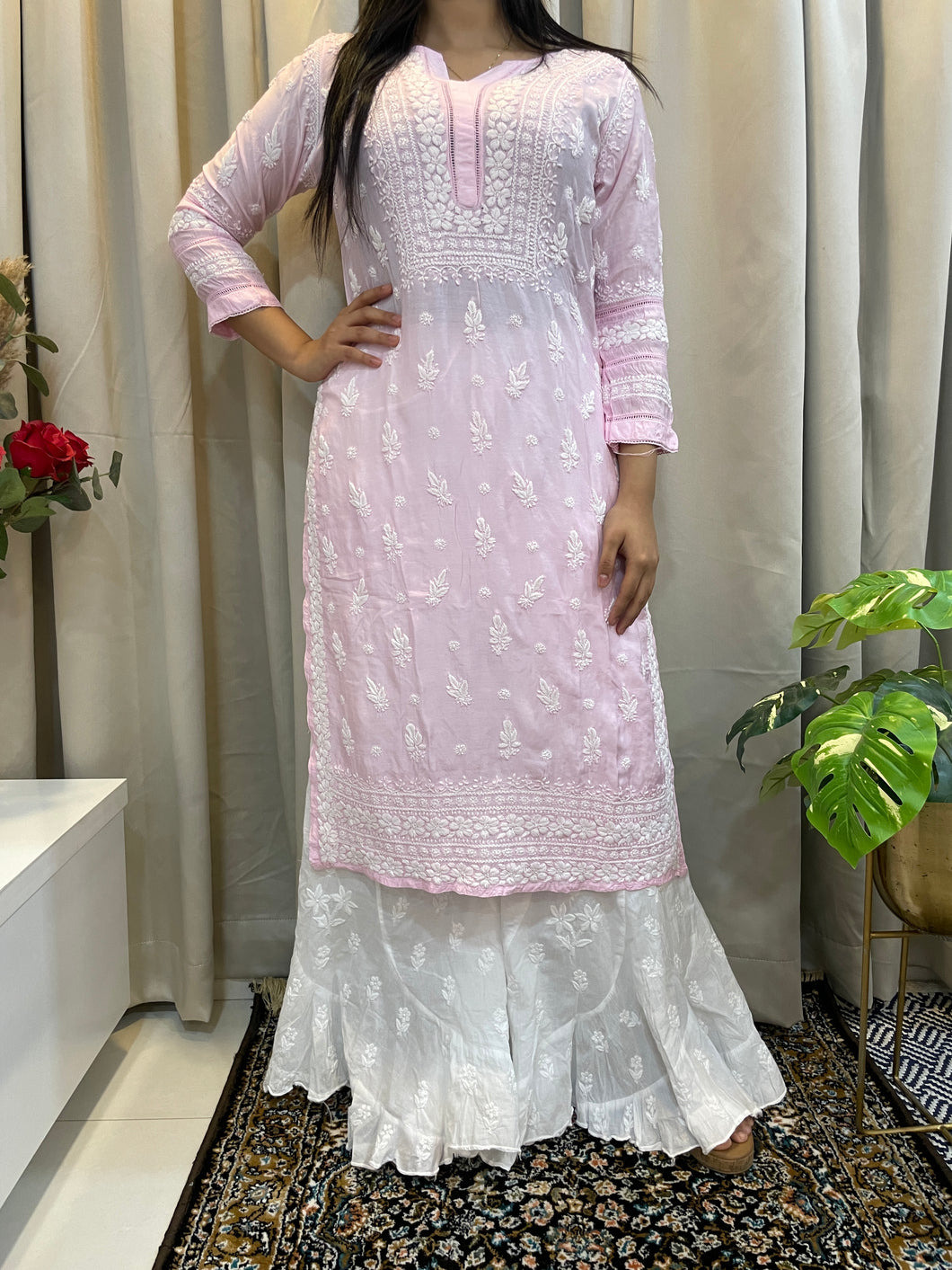 Muslin Chikankari kurta - Pink