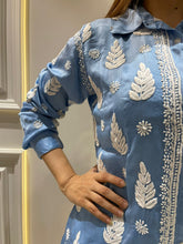 Load image into Gallery viewer, Chikankari Modal Satin Blue Shirt
