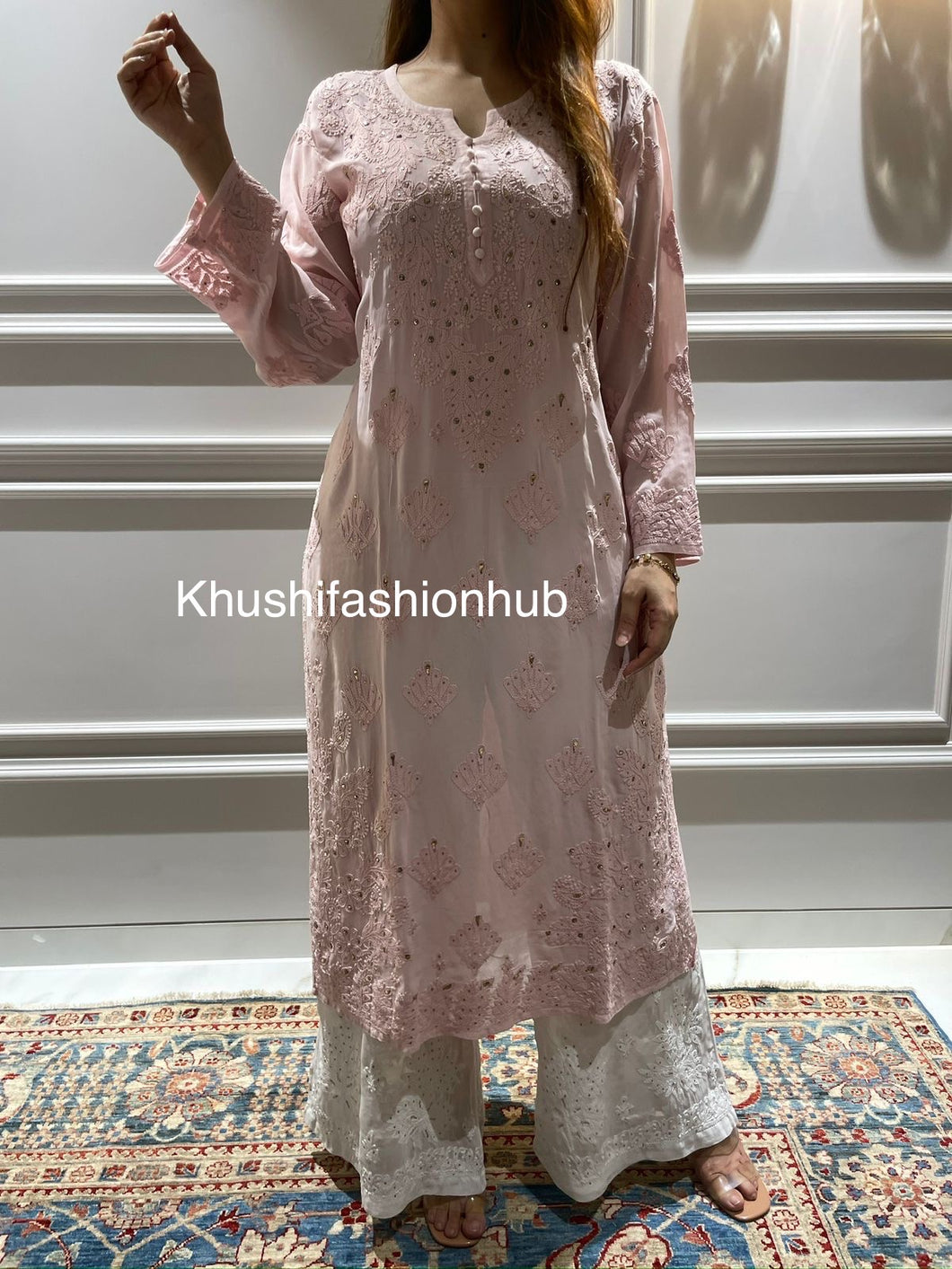 Chikankari Viscose Peach Kurti