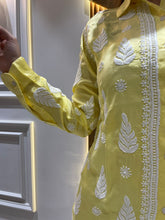 Load image into Gallery viewer, Chikankari Modal Satin Yellow Shirt
