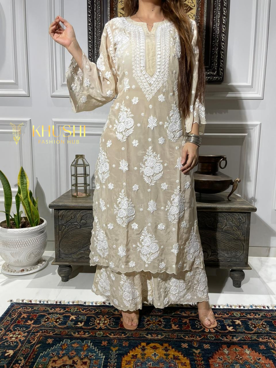 Chikankari Silk Crepe Pallazo Set