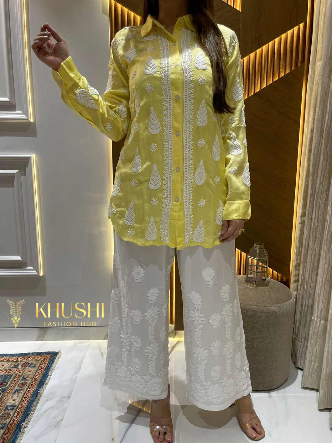 Chikankari Modal Satin Yellow Shirt