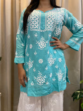 Load image into Gallery viewer, Chikankari turquoise blue short kurta
