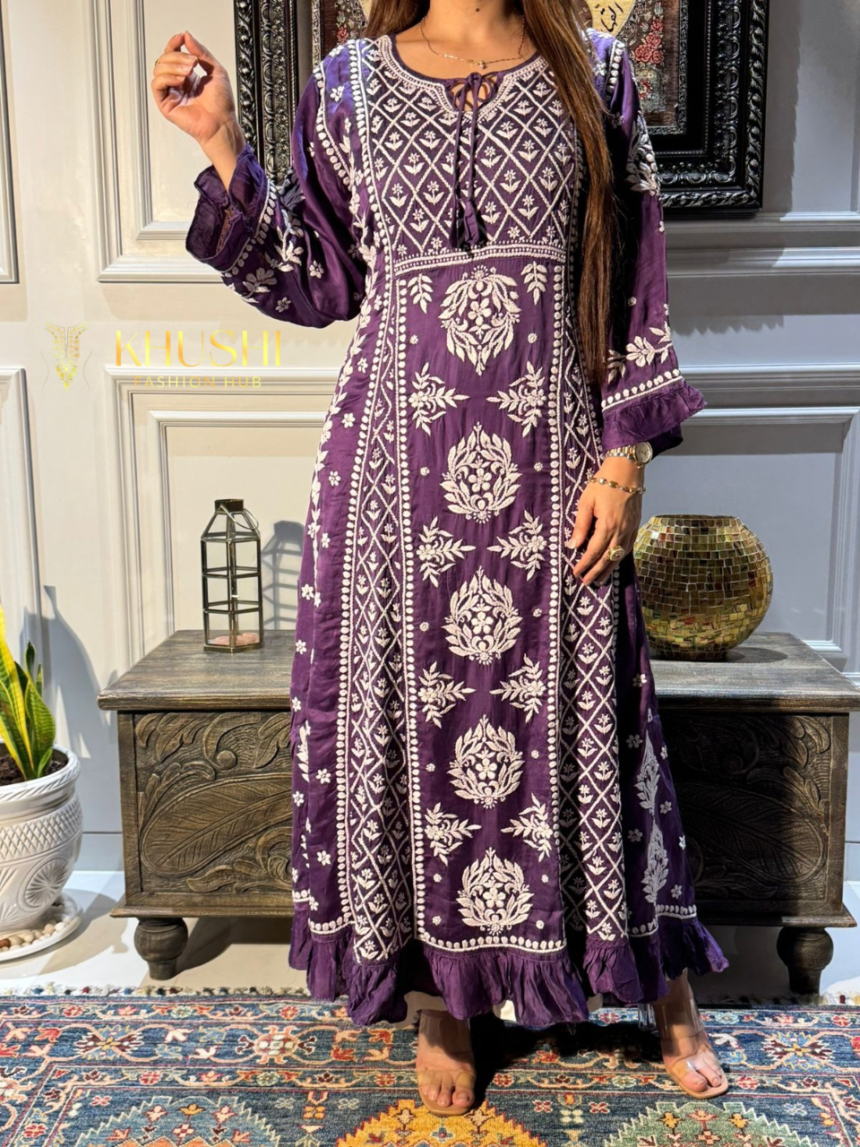 Chikankari Modal Satin Gown