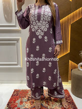 Load image into Gallery viewer, Chikankari Rayon Purple Pallazo Set
