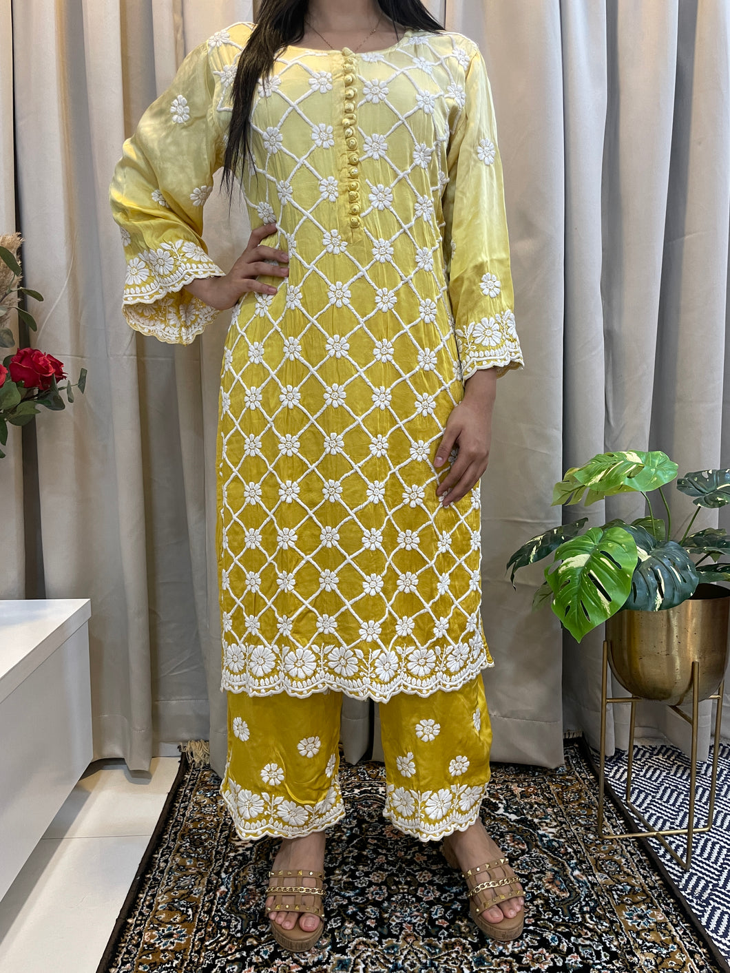 Chikankari Plazzo Set yellow ombré