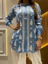 Load image into Gallery viewer, Chikankari Modal Satin Blue Shirt
