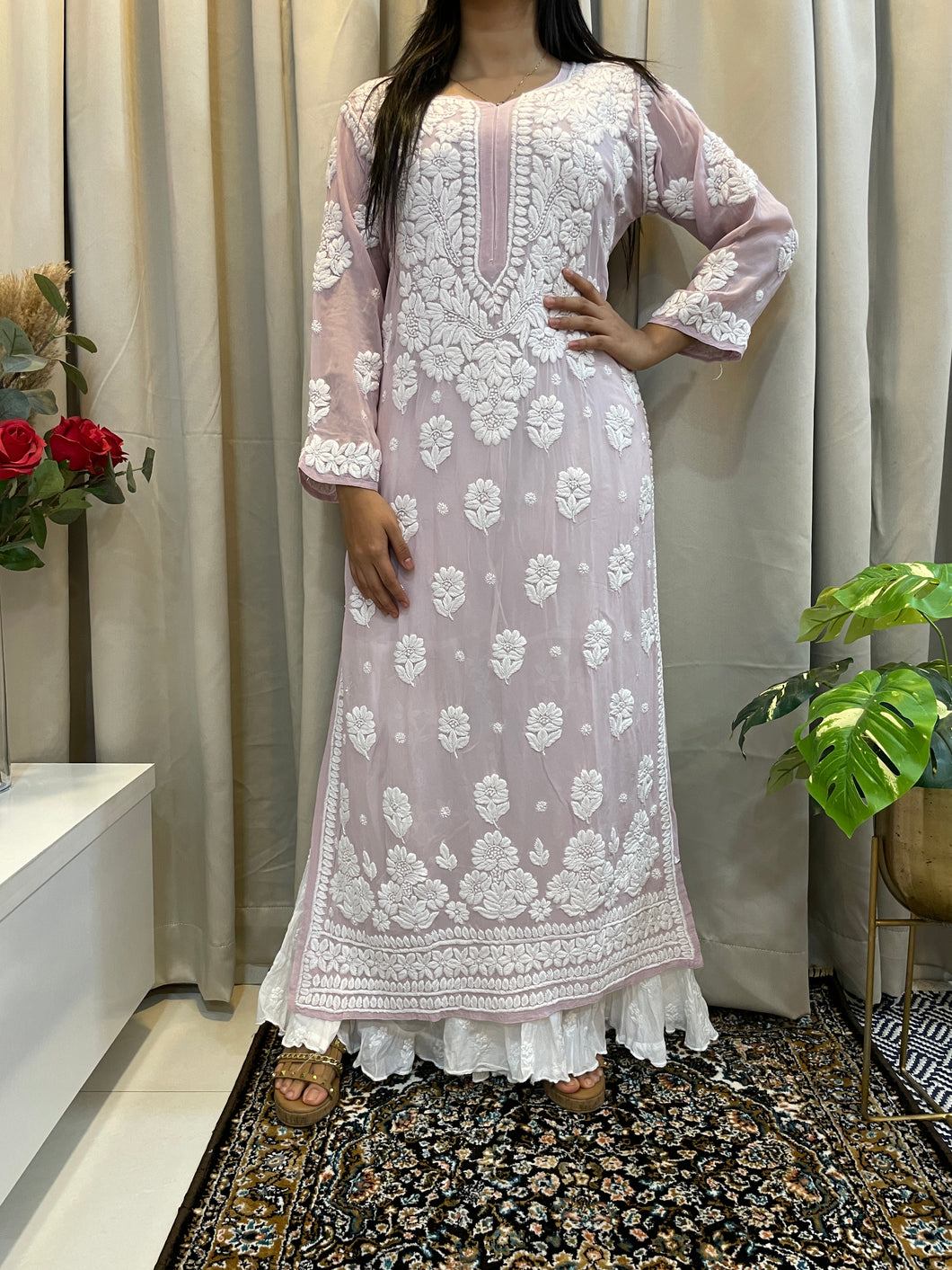 Chikankari 3d viscose kurta baby pink