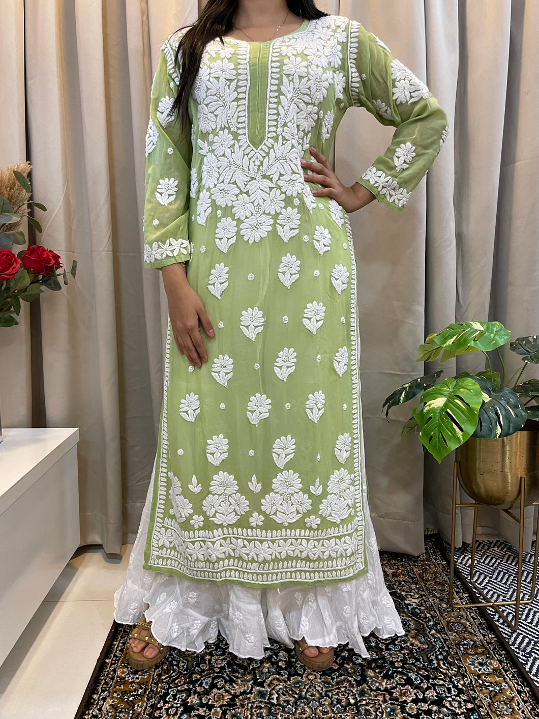 Chikankari 3d viscose kurta green