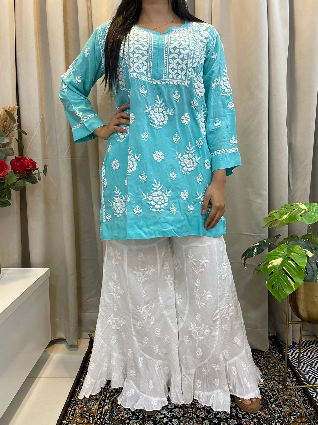 Chikankari turquoise blue short kurta